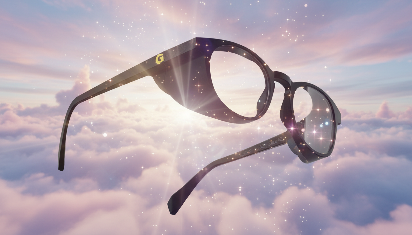 Matte black side-shielded frames floating in a pastel dawn cloudscape