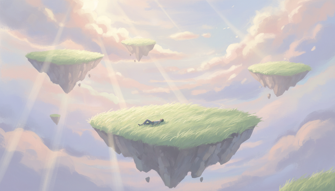 Floating meadow islands drifting in a hazy pastel sky