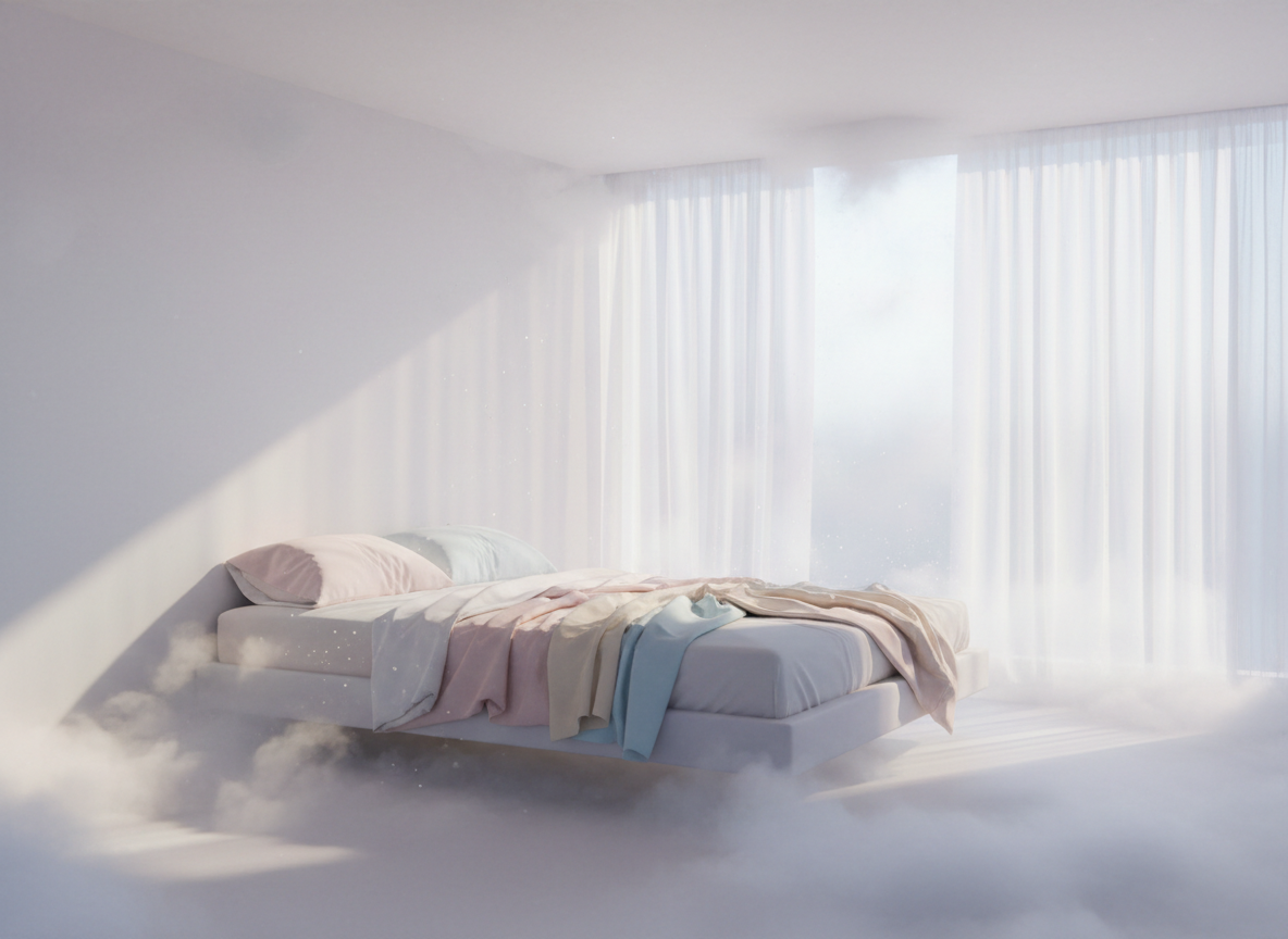 A serene bedroom dissolving into soft cloud at its edges